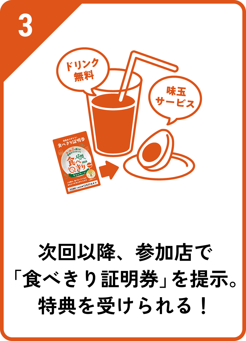 次回以降、参加店で「食べきり証明券」を提示。特典を受けられる！
